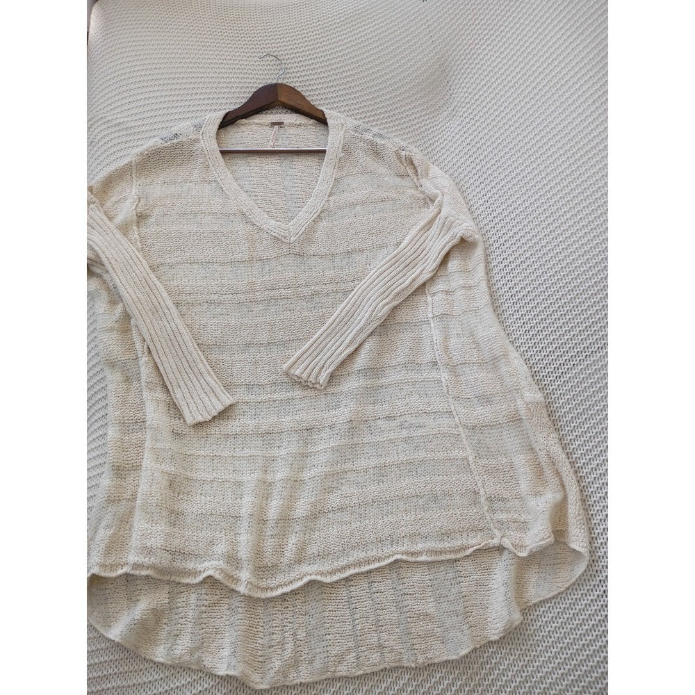 Free People Oversized Boho Open Knit Tunic Sweater Cream Striped V-Neck S/M - Picture 9 of 12